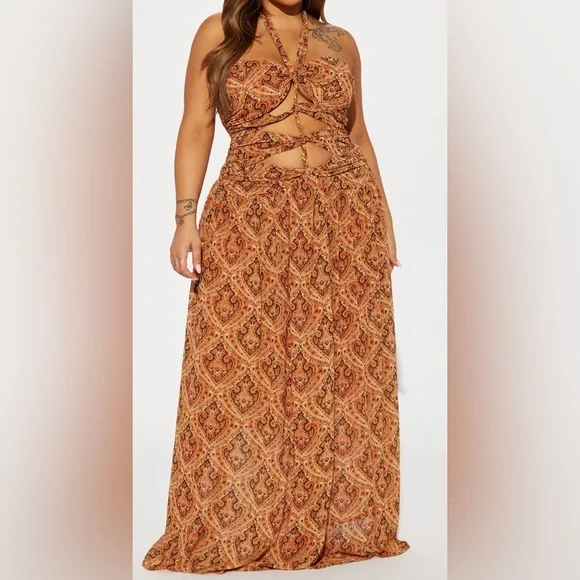 NWT FASHION NOVA Paisely Cut Out Maxi Dress Orange/Brown Halter Maxi Dress Sz XL - Picture 1 of 6
